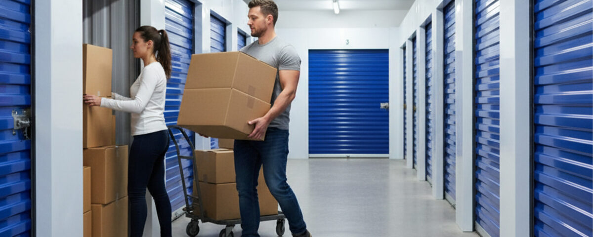Man and woman unloading boxes into a secure self storage unit in Alloa