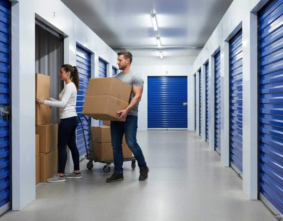 Man and woman unloading boxes into a secure self storage unit in Alloa