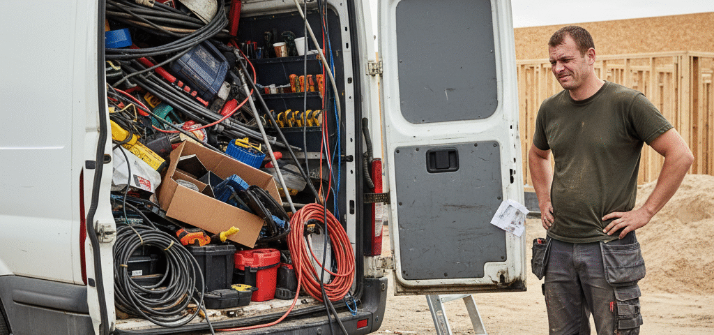 A tradesperson standing next to an overloaded van with the back doors open, looking stressed and overwhelmed