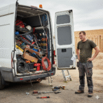 A tradesperson standing next to an overloaded van with the back doors open, looking stressed and overwhelmed