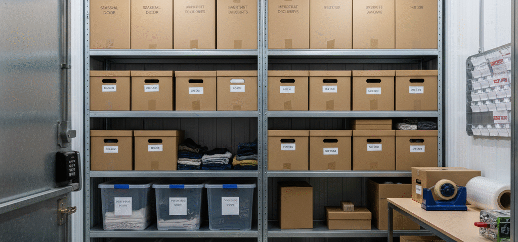 Ecommerce storage in Alloa at Locked Self Storage Alloa with labelled boxes, clear bins, and packing station.