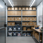 Ecommerce storage in Alloa at Locked Self Storage Alloa with labelled boxes, clear bins, and packing station.