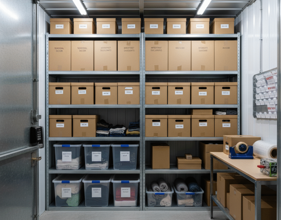 Ecommerce storage in Alloa at Locked Self Storage Alloa with labelled boxes, clear bins, and packing station.