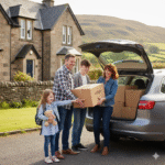 Smiling family loading moving boxes into a car outside their home to take them to storage near Kincardine at Locked Self Storage Alloa