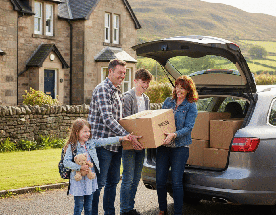 Smiling family loading moving boxes into a car outside their Kincardine home near Locked Self Storage Alloa