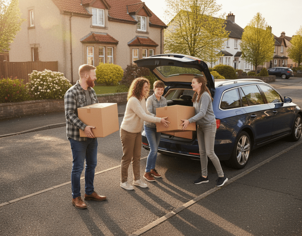 Scottish family loading boxes into a car outside their Tullibody home, preparing their belongings for Self Storage near Tullibody at Locked Self Storage Alloa
