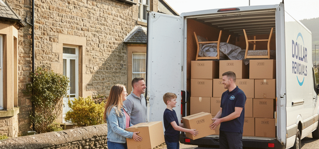 Family moving house in Dollar, Scotland, packing boxes with a removals worker into a Dollar Removals van, supported by nearby secure self storage near Dollar at Locked Self Storage Alloa.