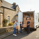 Family moving house in Dollar, Scotland, packing boxes with a removals worker into a Dollar Removals van, supported by nearby secure self storage near Dollar at Locked Self Storage Alloa.