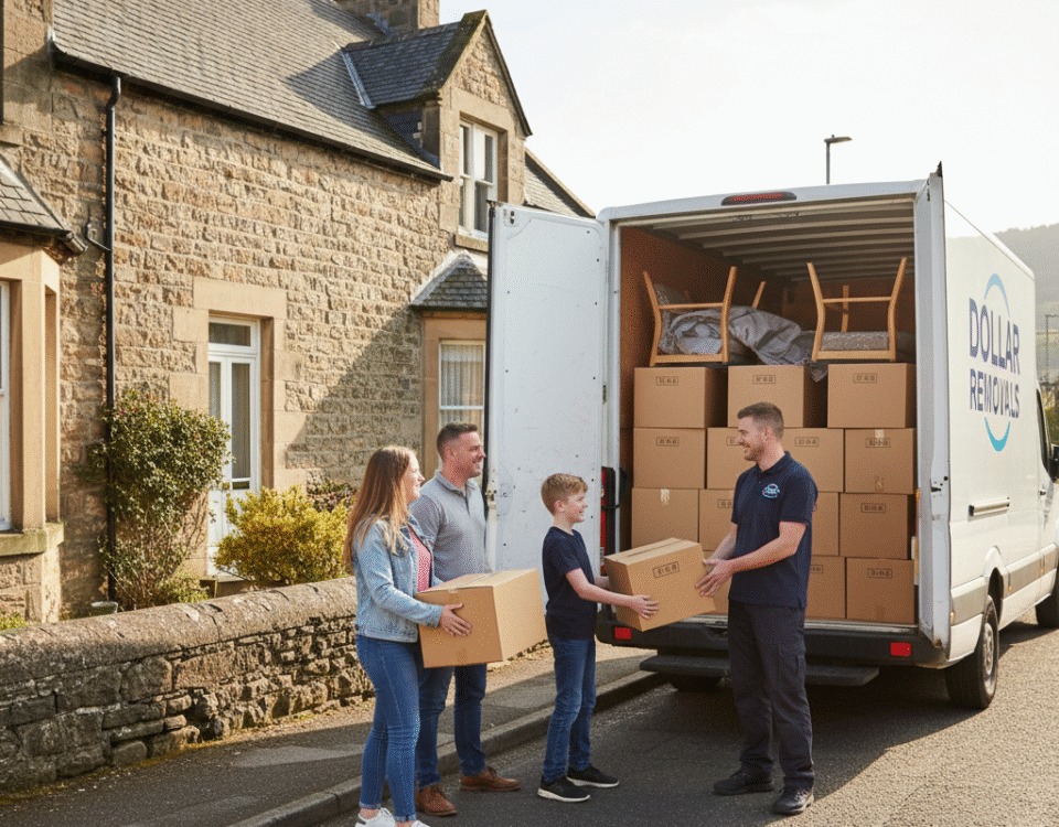 Family moving house in Dollar, Scotland, packing boxes with a removals worker into a Dollar Removals van, supported by nearby secure storage at Locked Self Storage Alloa.