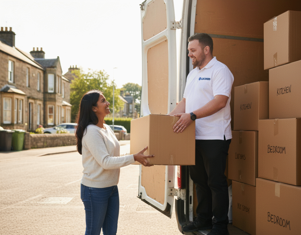 A customer and staff member from Locked load moving boxes into a van at a secure storage near Dollar.