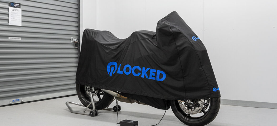 Motorbike storage in Alloa in a secure unit at Locked Self Storage Alloa, protected with a custom cover and trickle charger for safe winter storage.