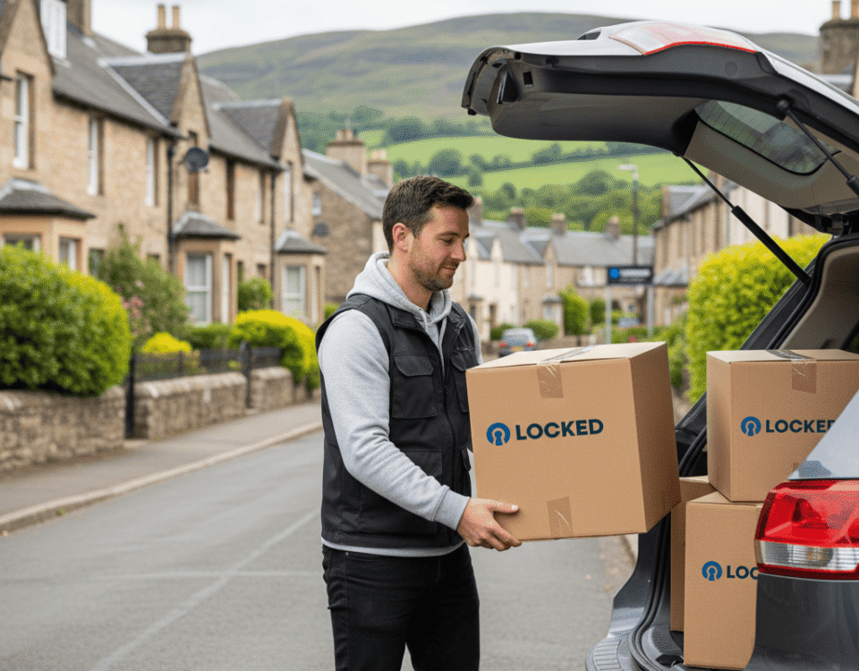 A man from Alva loading moving boxes to take to self storage near Alva at Locked Self Storage Alloa.