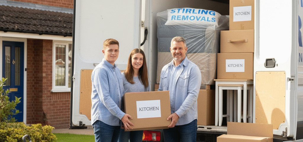 A Stirling family loading moving boxes into a removals van, showing how Locked Self Storage Alloa provides secure and flexible self storage near Stirling.