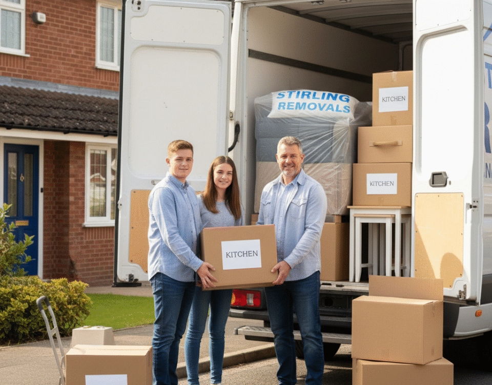 A Stirling family loading moving boxes into a removals van, showing how Locked Self Storage Alloa provides secure and flexible storage close to home