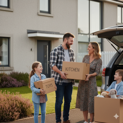 Smiling family loading moving boxes into their car outside their Menstrie home in Scotland, taking their belongings to Storage near Menstrie and Cambus at Locked Self Storage Alloa.