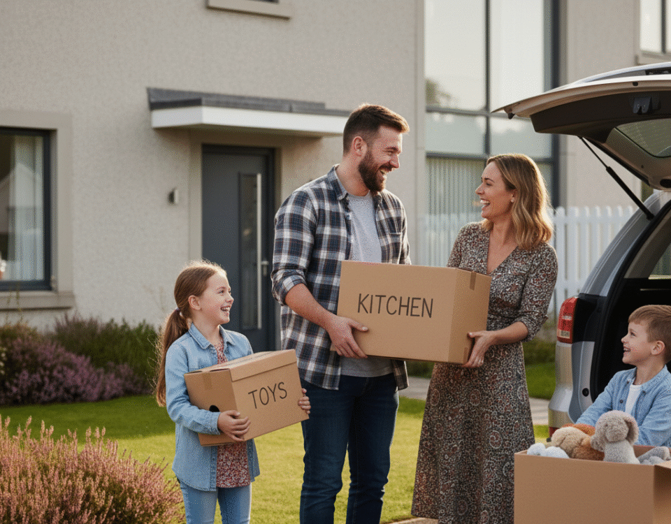 Smiling family loading moving boxes into their car outside their Menstrie home in Scotland, taking their belongings to Storage near Menstrie and Cambus at Locked Self Storage Alloa.