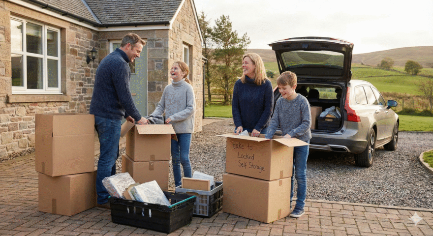 Family packing boxes at home before using self storage near Coalsnaughton