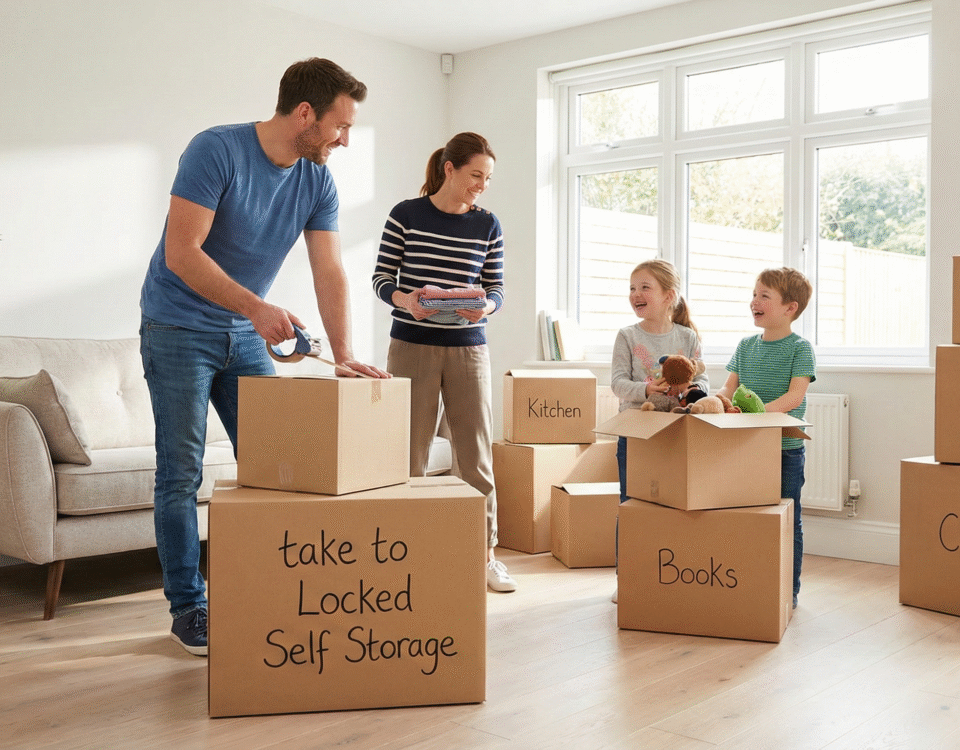 Family preparing boxes containing their belongings to take to a facility offering Self Storage Near Sauchie. The former Alloa Police Station has been transformed by Locked Self Storage Alloa and now offers Self Storage in Clackmannanshire.