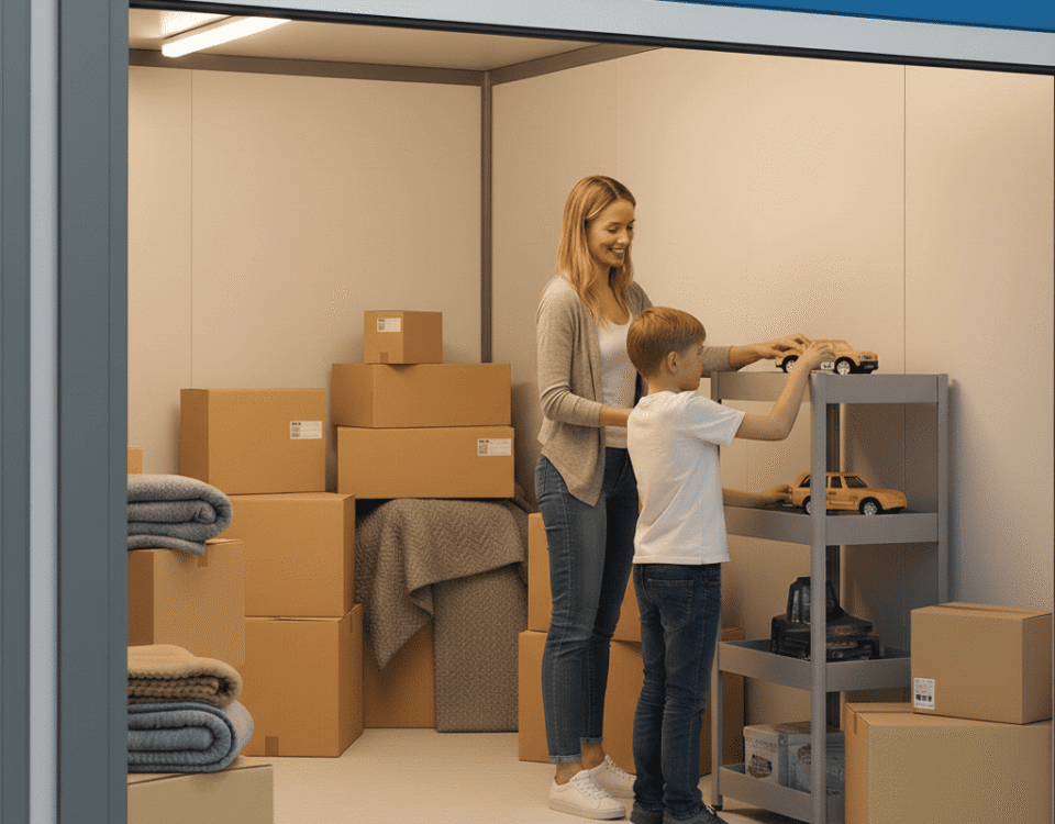 Family organising belongings inside a Strongholds modular storage unit to take to Locked Self Storage Alloa, a storage facility in Clackmannanshire offering Self Storage Near Tillicoultry.