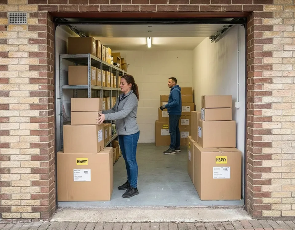 Couple organising labelled boxes inside a secure garage unit at self storage in Alloa, with heavy boxes stacked on the floor and lighter boxes above