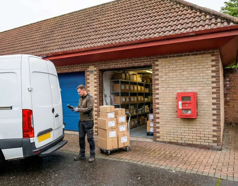 Tradesperson unloading boxes at a drive-up unit at Locked Self Storage Alloa, ideal for business storage and secure tool storage in Alloa