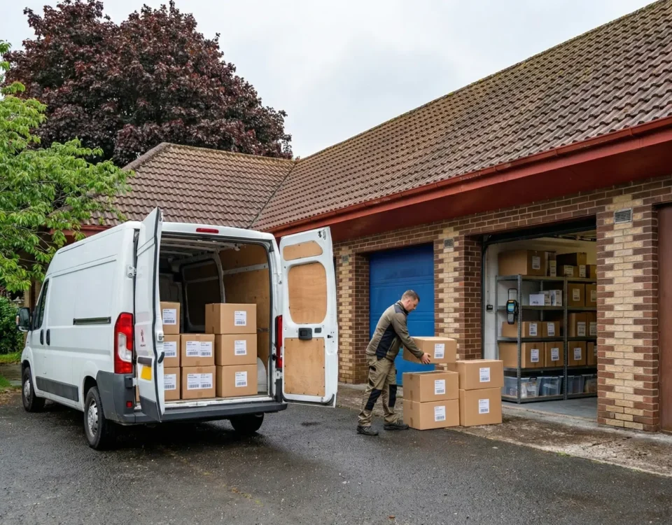 Businessman unloading boxed inventory from his van outside a drive-up storage garage at Locked Self Storage Alloa.