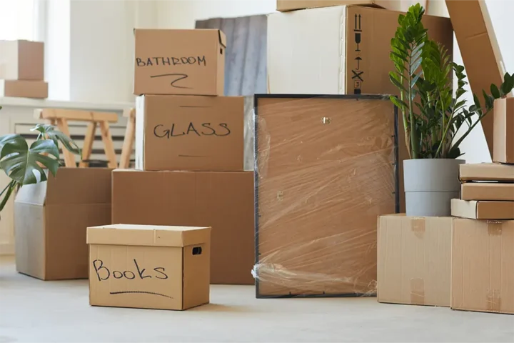 Moving boxes in Clackmannanshire stacked and labelled inside a home during a house move