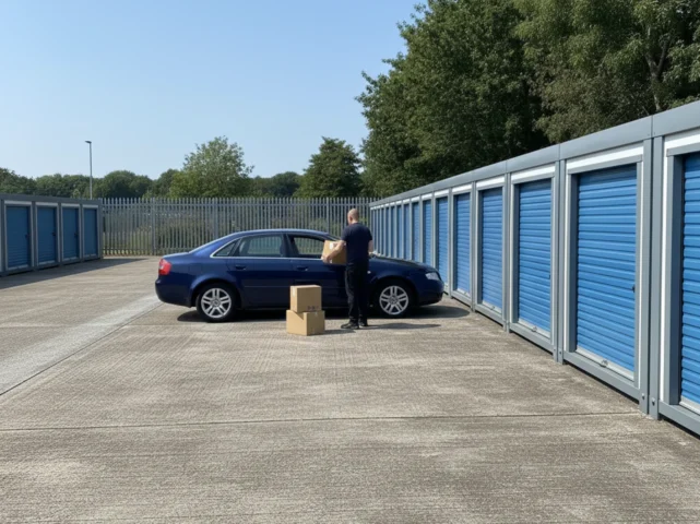 Man unloading cardboard boxes from a car in front of blue Strongholds self-storage units at an outdoor facility.
