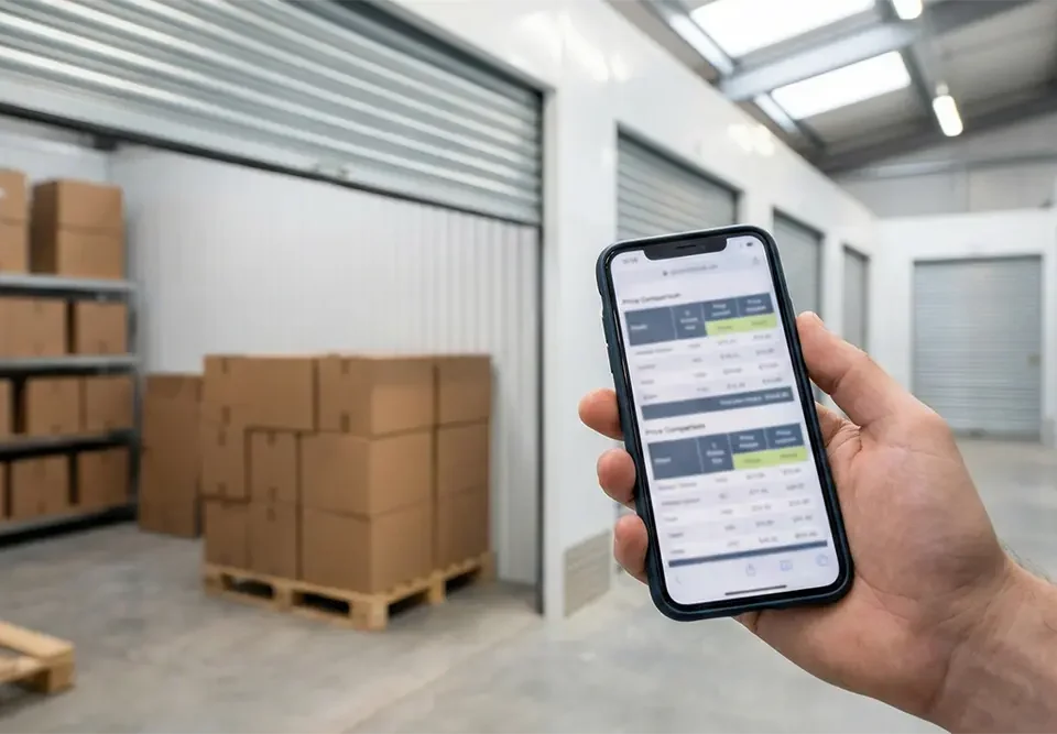 Self storage prices in Alloa shown with a price comparison on a smartphone and a clean storage unit in the background