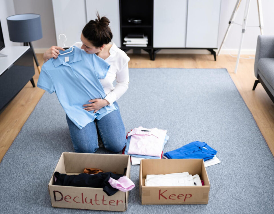 Woman following decluttering tips while organising clothes at home for a minimal living space in Alloa