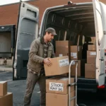 Business owner unloading stock boxes from a van for business storage in Alloa at Locked Self Storage