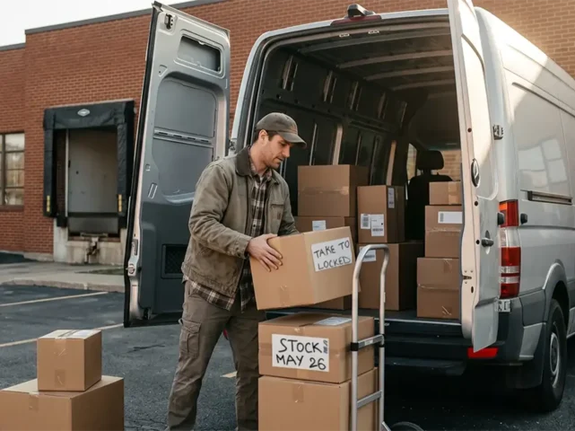 Business owner unloading stock boxes from a van for business storage in Alloa at Locked Self Storage