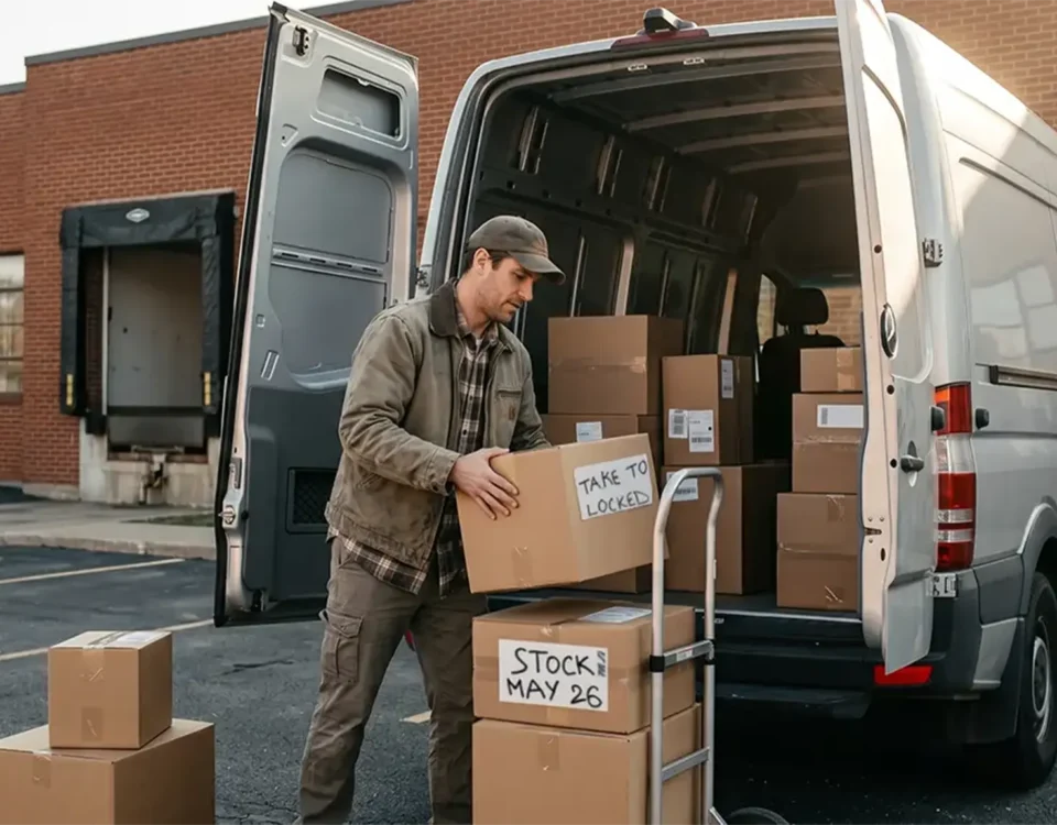 Business owner unloading stock boxes from a van for business storage in Alloa at Locked Self Storage