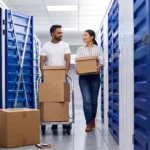 Couple moving boxes through Locked Self Storage in Alloa