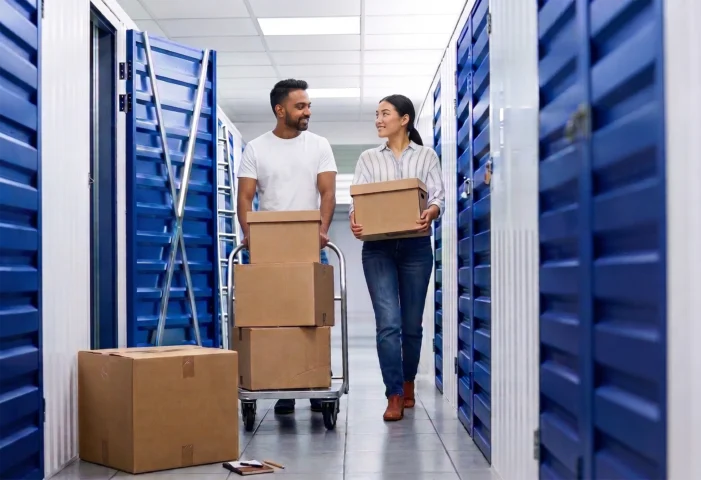Couple moving boxes through Locked Self Storage in Alloa