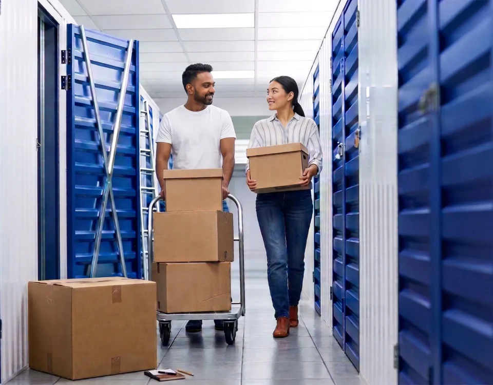 Couple moving boxes through Locked Self Storage in Alloa