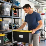 How to organise a cluttered garage with labelled storage boxes, shelving and organised storage solutions