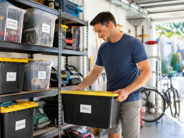 How to organise a cluttered garage with labelled storage boxes, shelving and organised storage solutions