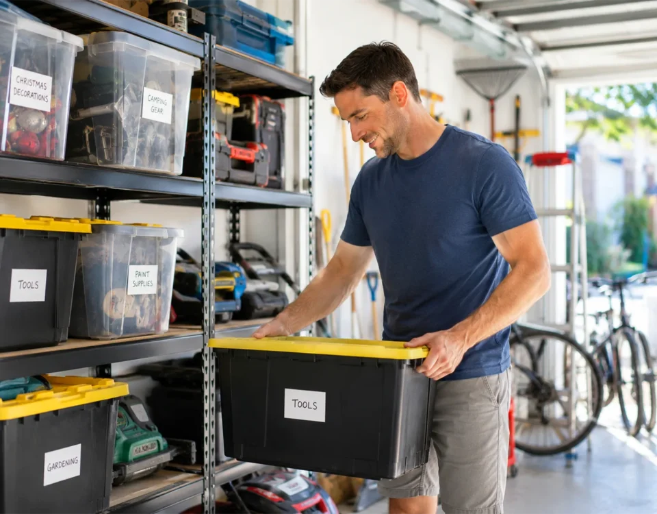 How to organise a cluttered garage with labelled storage boxes, shelving and organised storage solutions