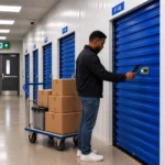 Customer using smartphone access at a fully automated self storage facility in Alloa