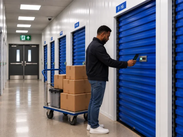 Customer using smartphone access at a fully automated self storage facility in Alloa