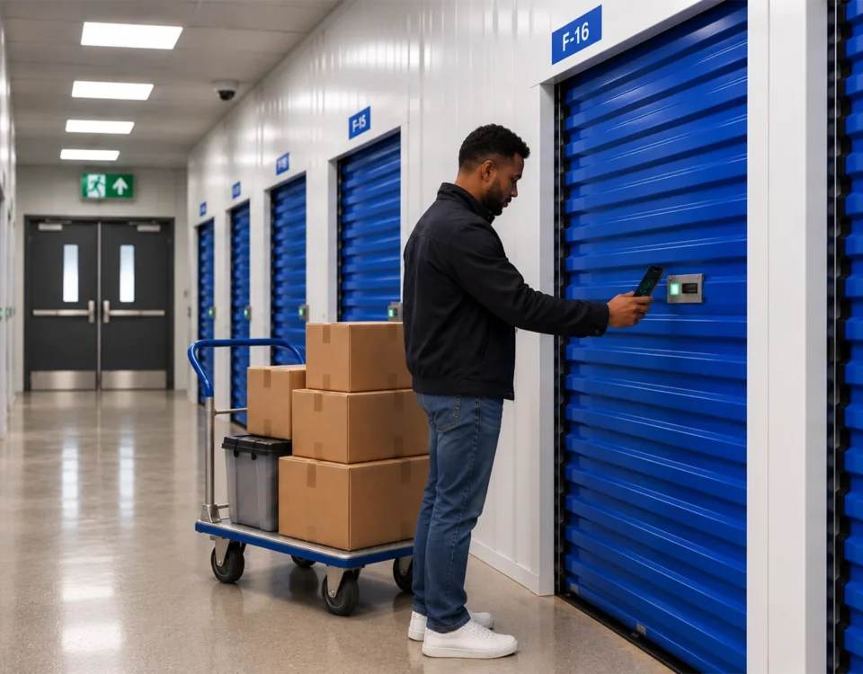 Customer using smartphone access at a fully automated self storage facility in Alloa