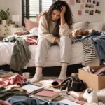 Stressed woman sitting on a messy bed surrounded by clothes, handbags and books, illustrating the hidden cost of clutter.