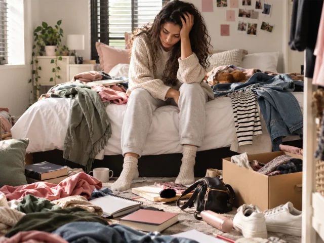 Stressed woman sitting on a messy bed surrounded by clothes, handbags and books, illustrating the hidden cost of clutter.