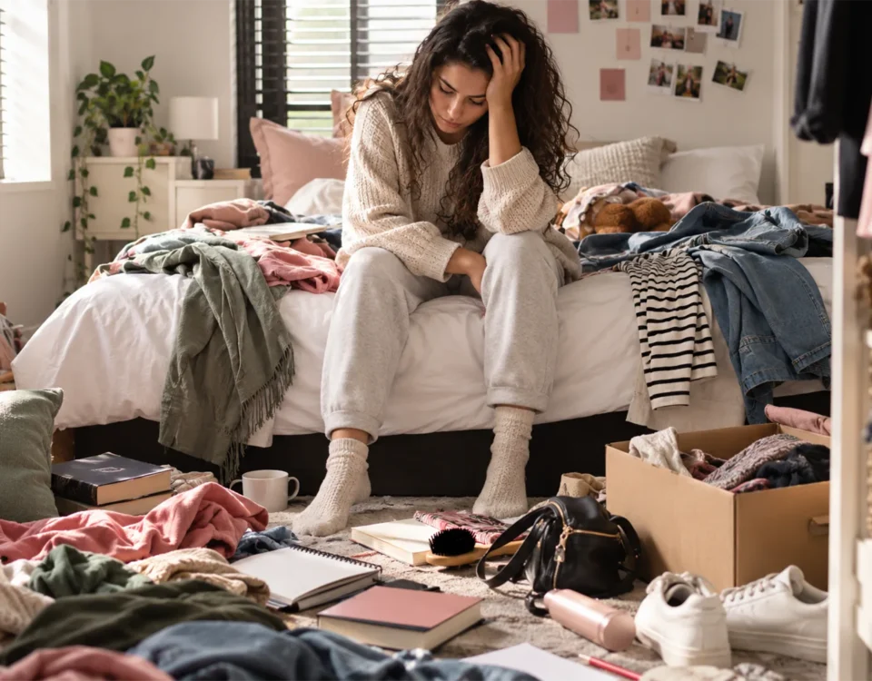 Stressed woman sitting on a messy bed surrounded by clothes, handbags and books, illustrating the hidden cost of clutter.